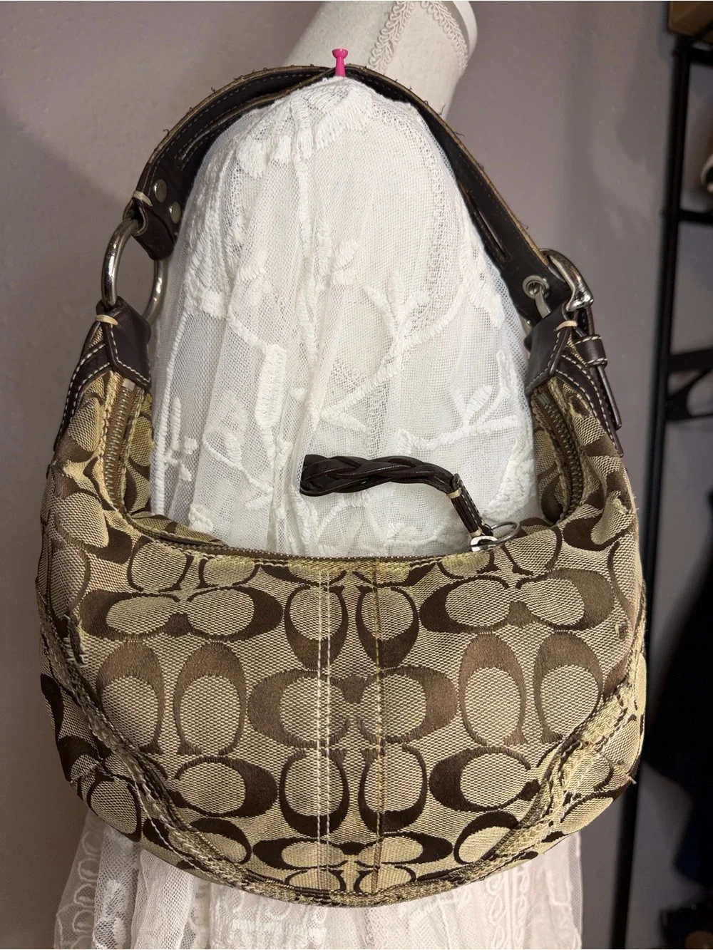 Vintage mini Coach Signature Canvas Hobo Brown_5